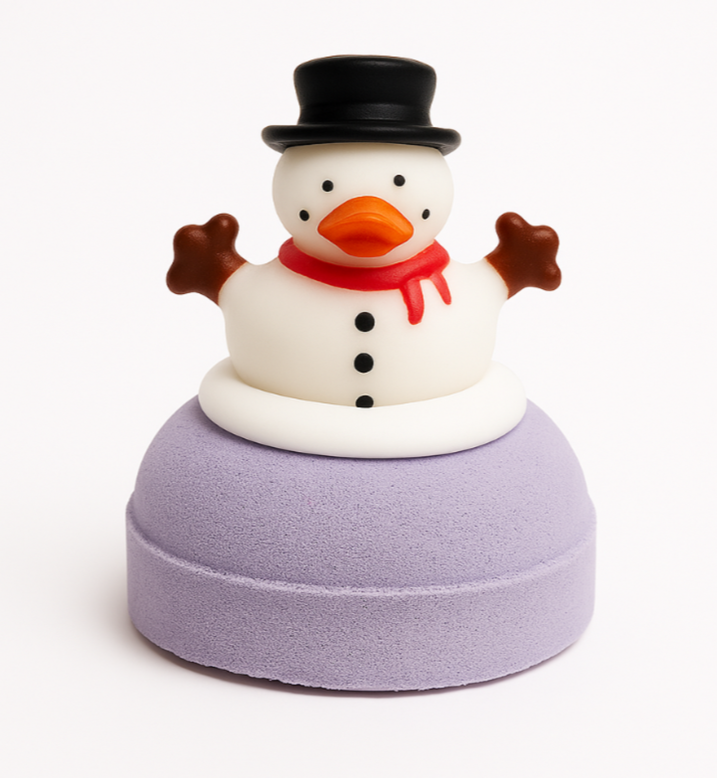 Snowman duck with a purple bath bomb on a white background
