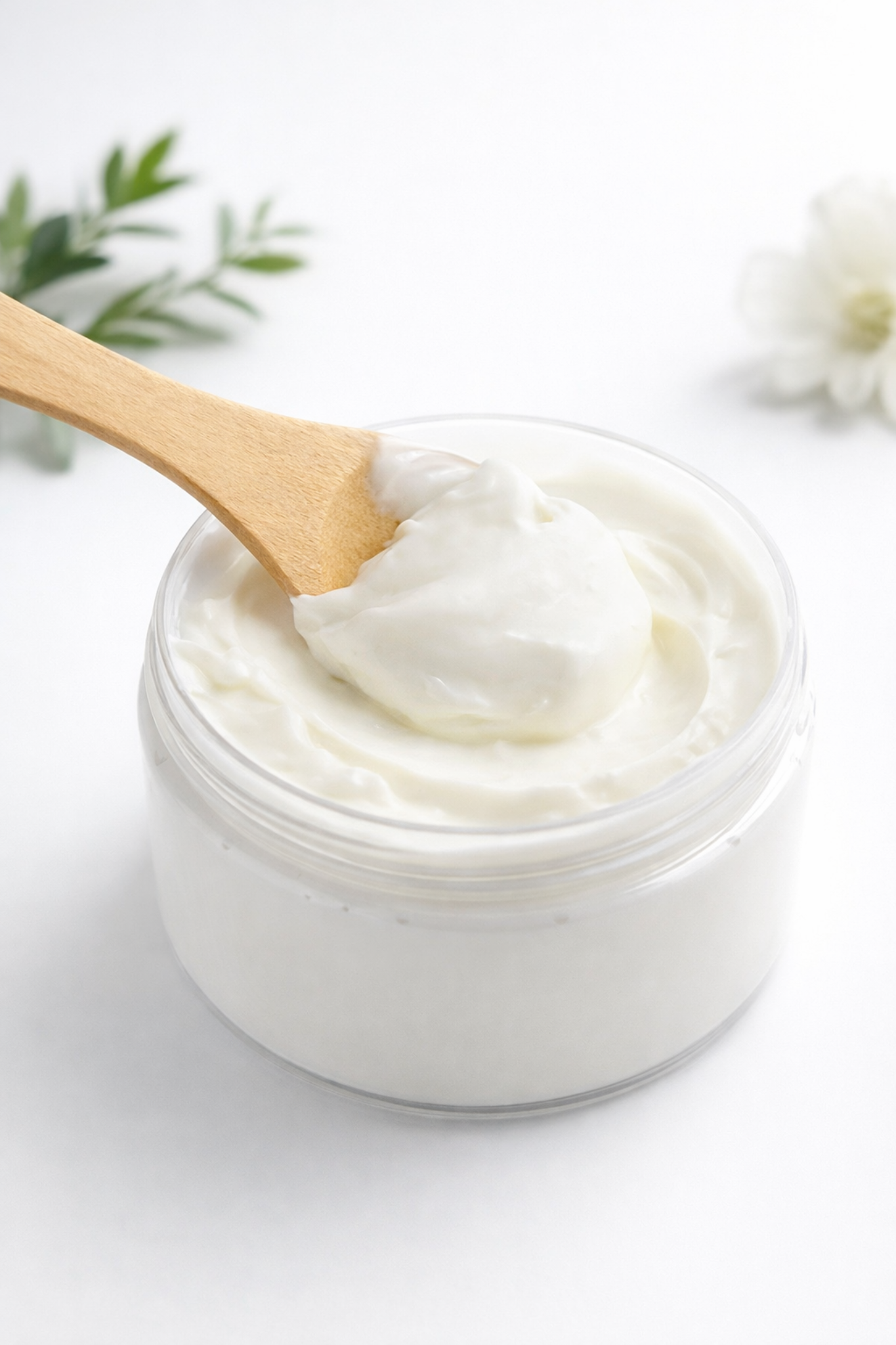 Jar of white cream with a wooden spoon on a light background