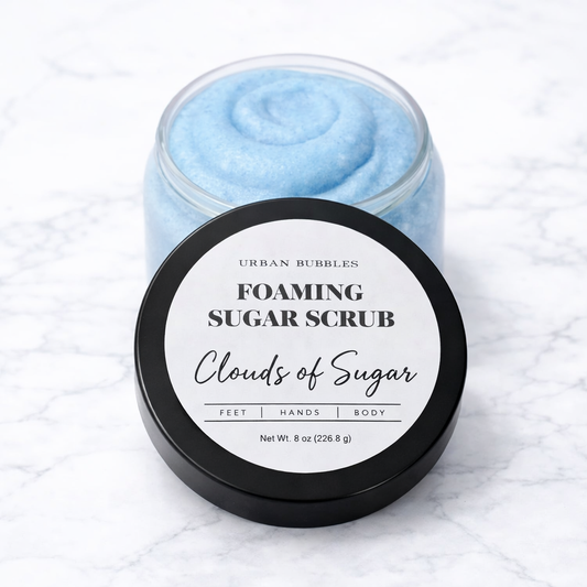 Jar of foaming sugar scrub with a label on a white background