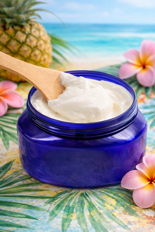 Blue jar of cream with a wooden spoon, pineapple, and flowers on a tropical background