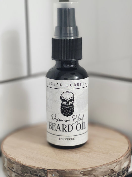 Beard oil bottle with skull design label on a wooden block