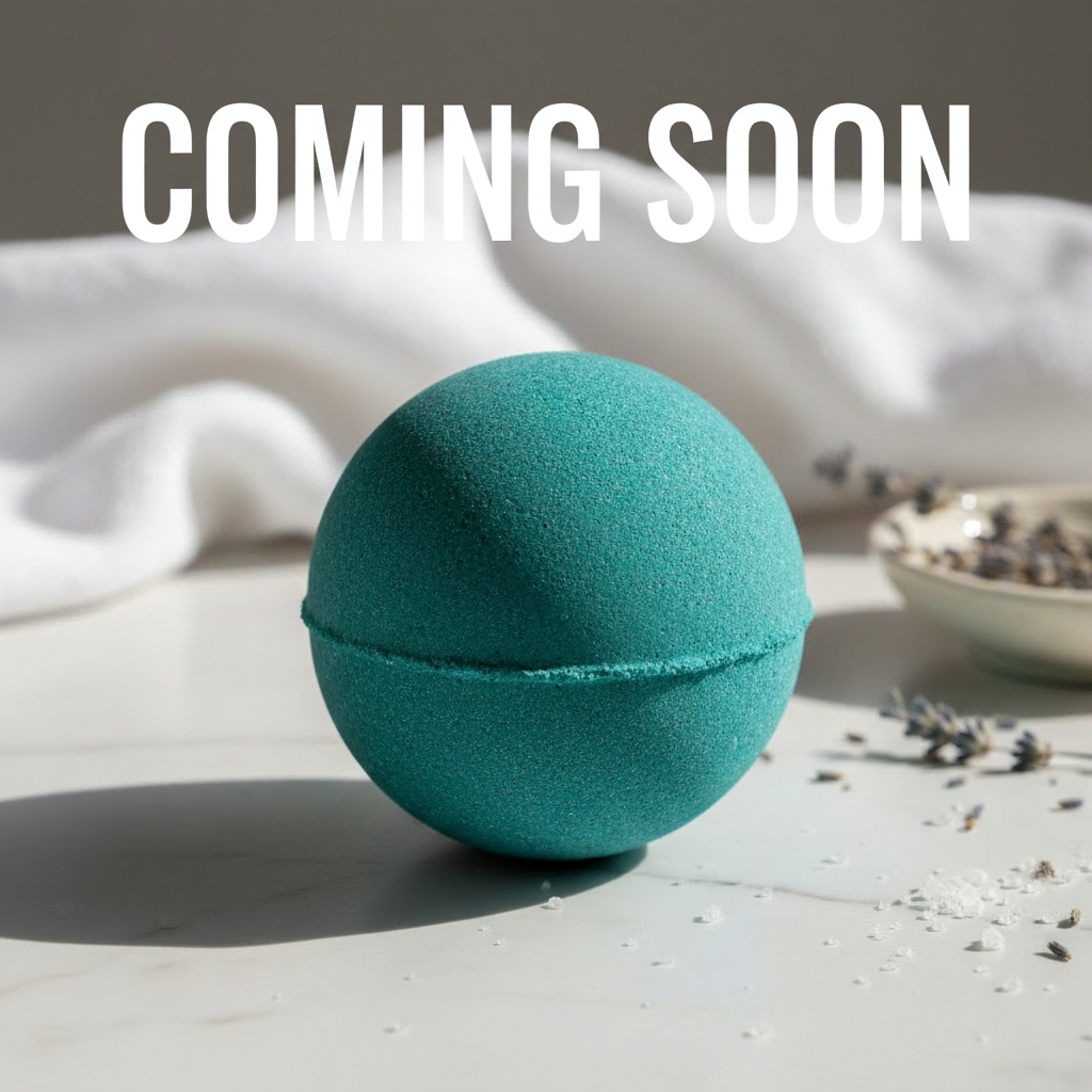 teal bath bomb with saying 'coming soon'