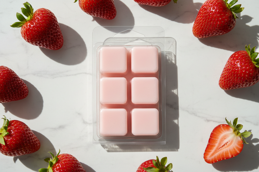 wax melt clamshell, with 6 cubes and the wax color light pink with strawberries surrounding it