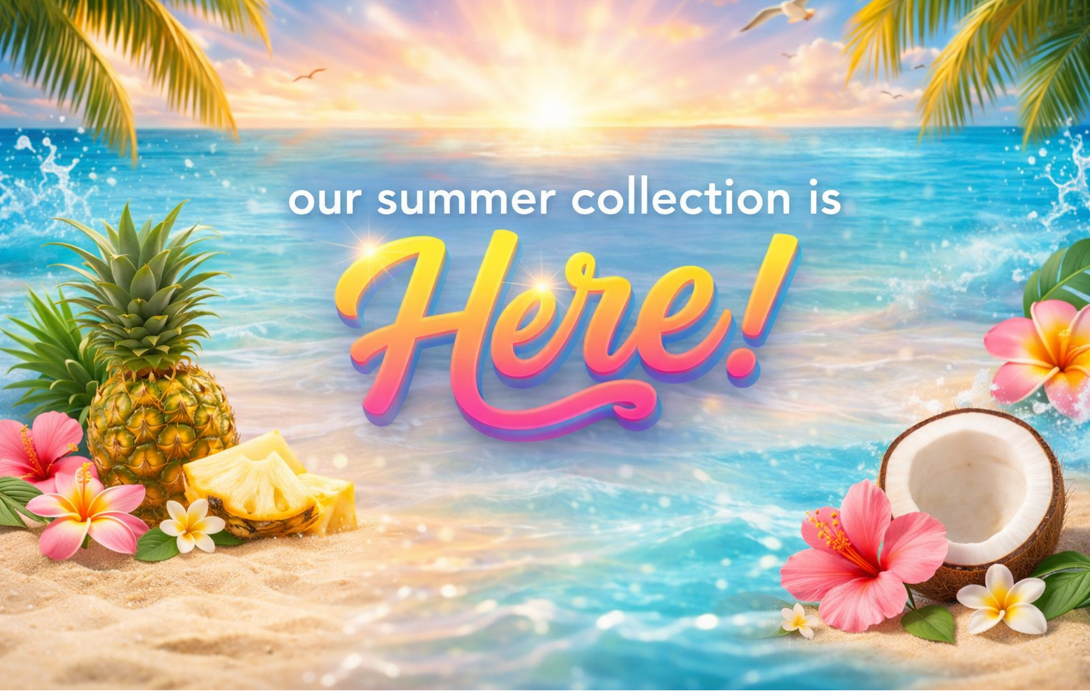 Summer-themed promotional image with pineapple, coconut, and flowers on a beach.